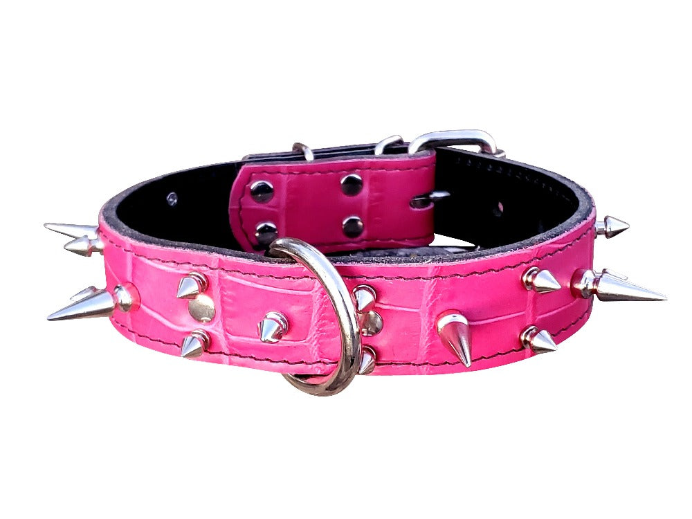 Pink Croc Leather Spiked Dog Collar