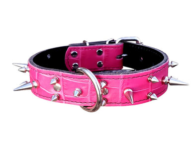 Pink Croc Leather Spiked Dog Collar 