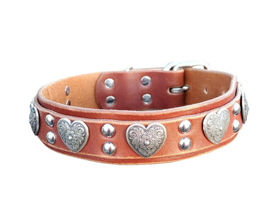 Dual Layer Brown Leather Dog Collar With Silver Hearts
