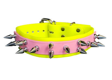 Dual Layer Pink And tennis yellow Bioflex Waterproof Spiked Dog Collar