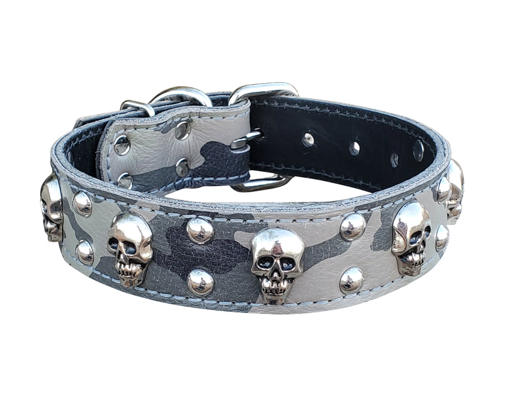 Camo Skull Leather Dog Collar