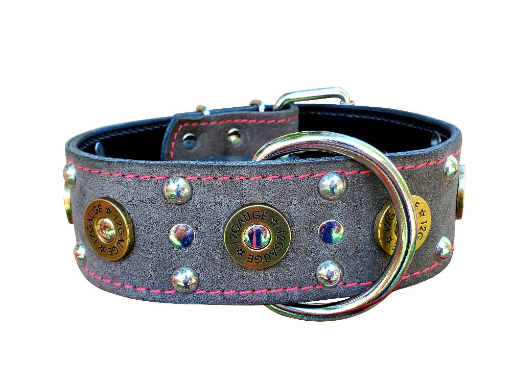 Grey Suede Shotgun Shell Dog Collar with Pink Stitching.