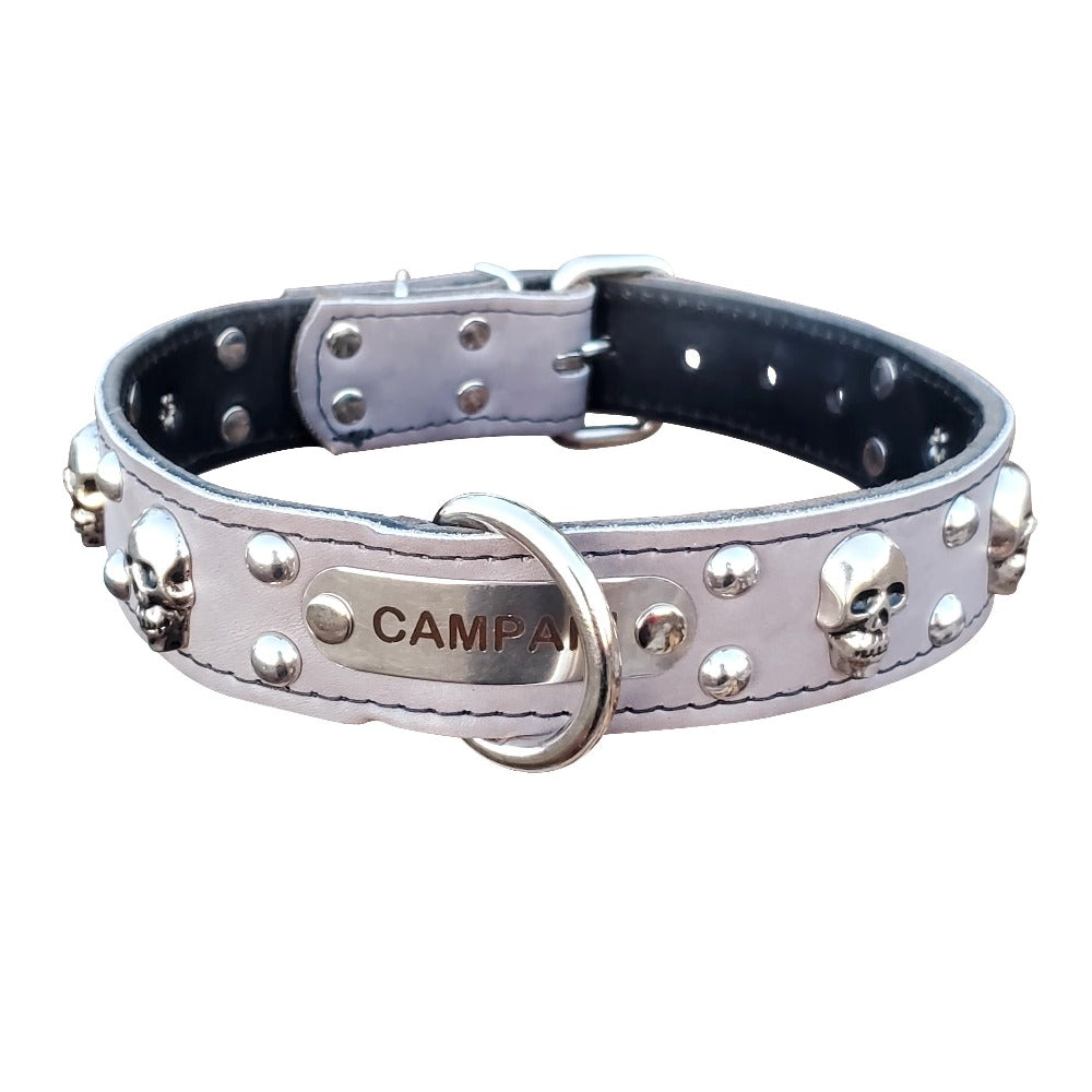 Grey Leather Name Collar With Skulls