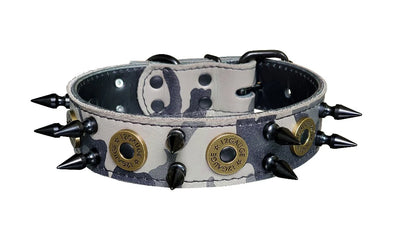 1.5" French Bulldog Camo Shotgun Shell Leather Dog Collar w/ Black Spikes Fits 15" to 19"
