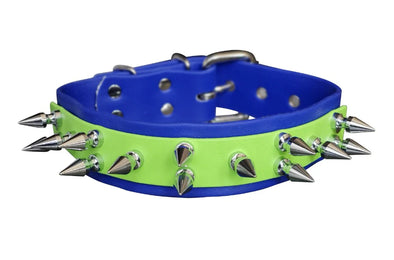 1.5" Dual Layer Blue and Green Bioflex Waterproof Spiked Dog Collar Fits 16" to 20"