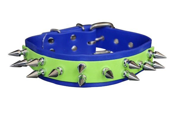 1.5" Dual Layer Blue and Green Bioflex Waterproof Spiked Dog Collar Fits 16" to 20"