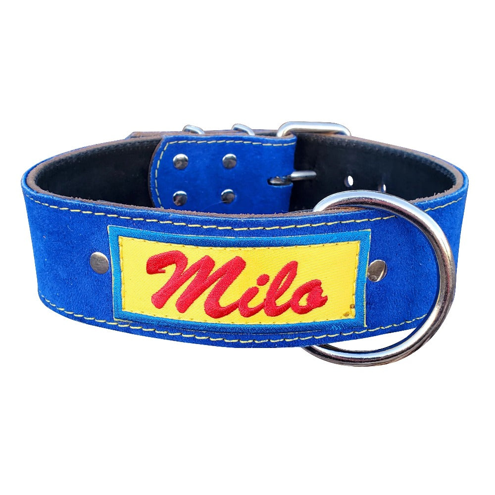 Blue Collars Customisable Blue Suede Personalized Suede Leather Dog Collar With Embroidered Name ...