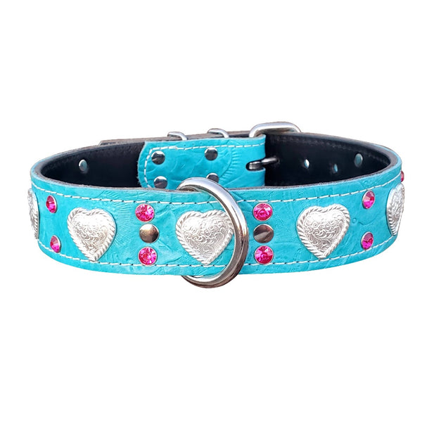Turquoise Floral Leather Heart Dog Collar