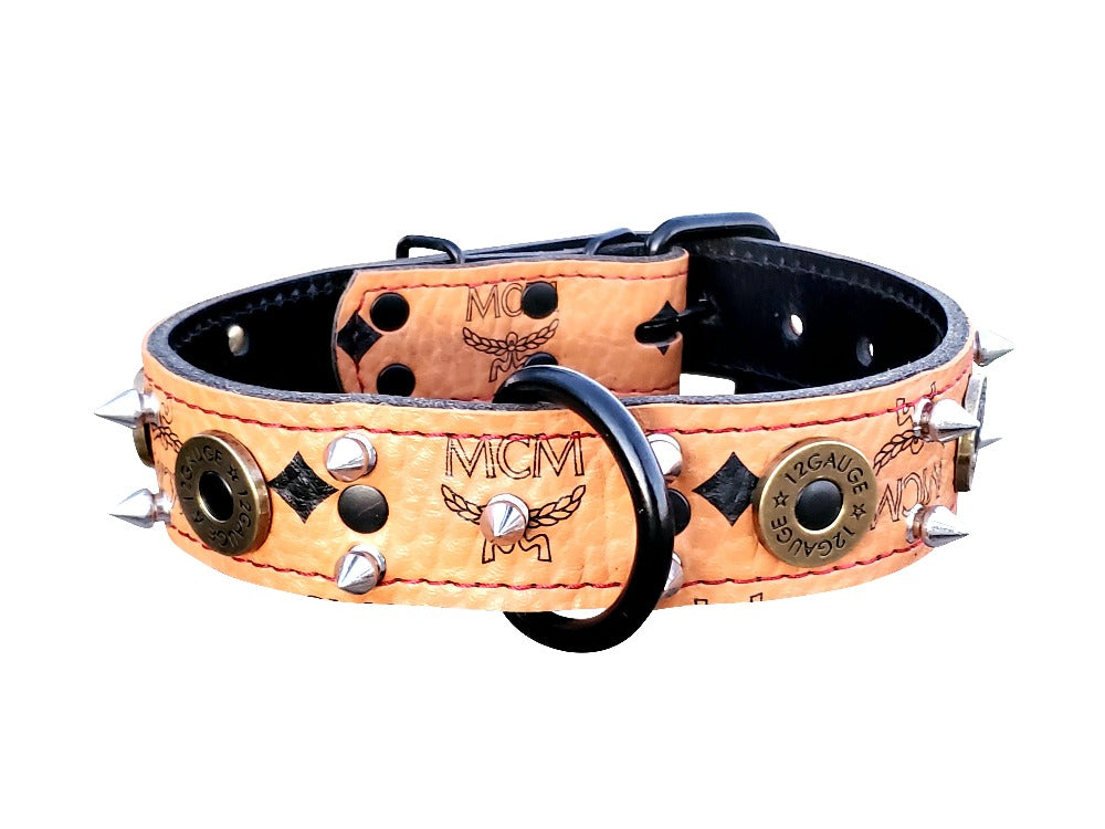 tan designer spiked leather dog collar
