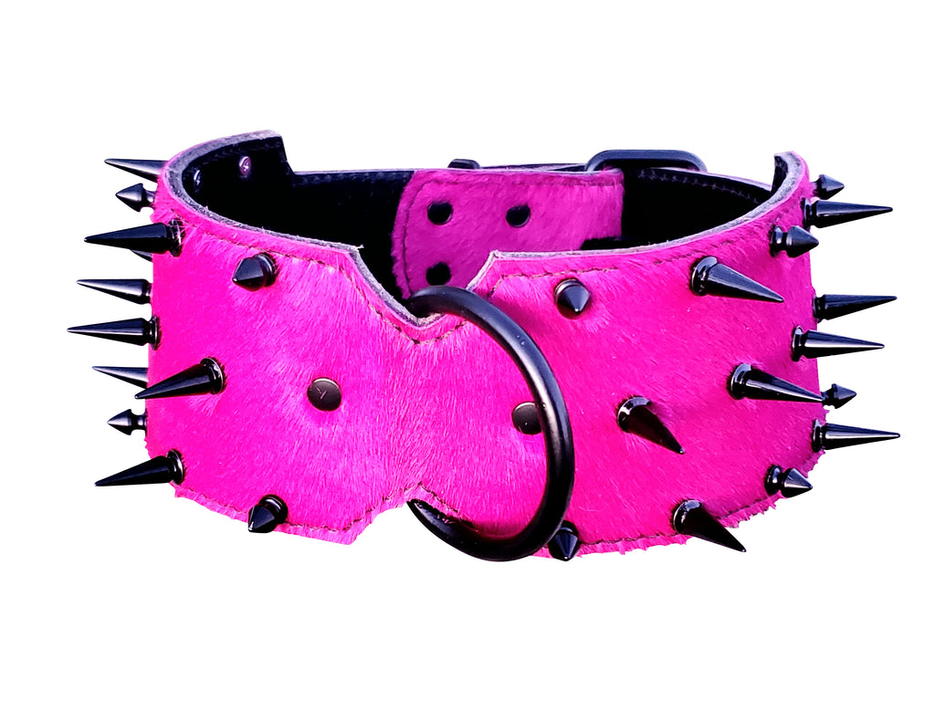 3" Pink Hair On Hide Spiked Leather Dog Collar - Ready To Ship Fits 20" to 24"