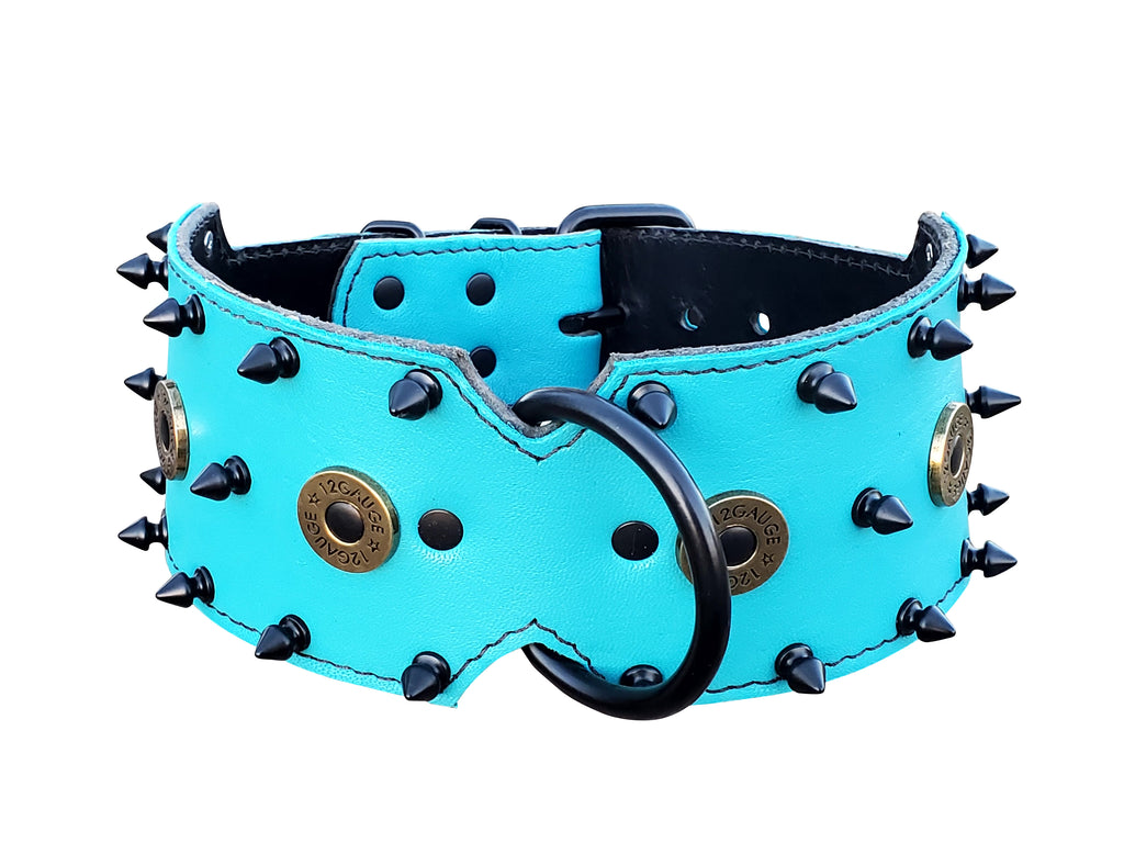 3" Turquoise Shotgun Shell Leather Dog Collar Fits 20" to 24"