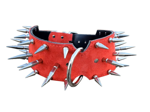 3" Red Suede Large Dog Collar With Chrome Spikes