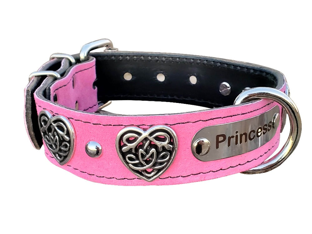 Pink Suede Personalized Celtic Heart Dog Collar