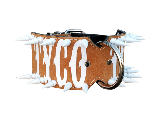 brown large dog name collar made with white spikes.