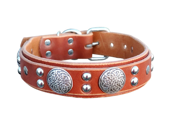 1.5" Dual Layer Brown Full Grain Celtic Leather Dog Collar - fits 18" to 22"