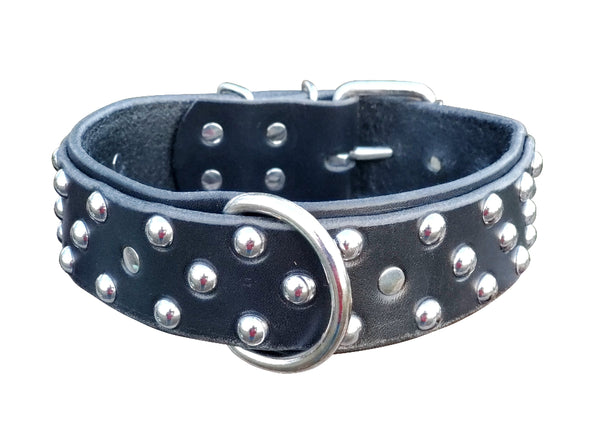 2" Dual Layer Black Full Grain Studded Leather Dog Collar - fits 18" to 22" 