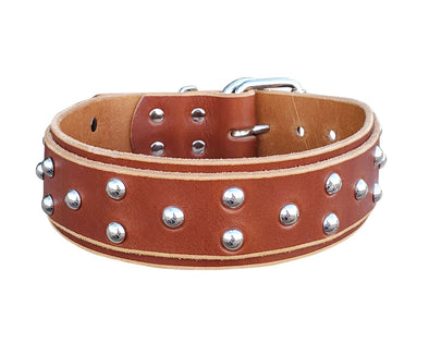 2" Dual Layer Brown Full Grain Studded Leather Dog Collar - fits 20" to 24" 