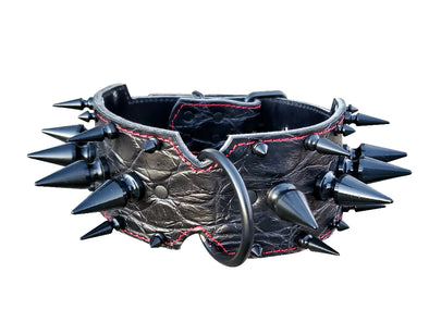 3" Black Embossed Croc Leather Dog Collar With Black Extreme Spikes  Fits 21" to 25"