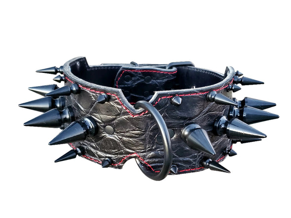 3" Black Embossed Croc Leather Dog Collar With Black Extreme Spikes  Fits 21" to 25"