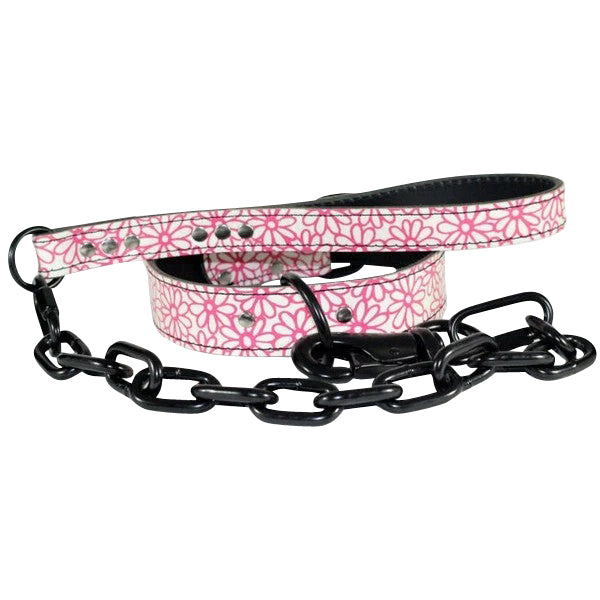Pink Floral Printed Leather Collar And Leash Set