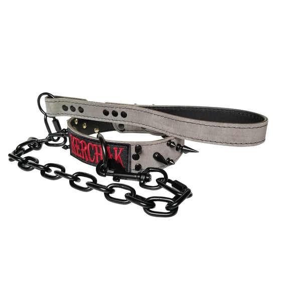 Grey Suede Collar And Leash Set With Embroidered Name Patch