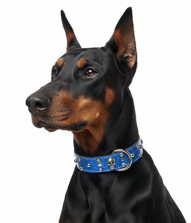 Blue Doberman Studded Skull Leather Collar