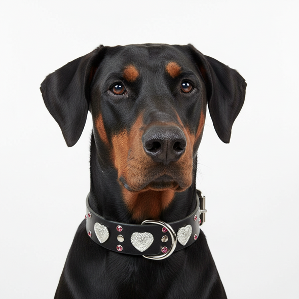 Black Leather Doberman Heart Dog Collar