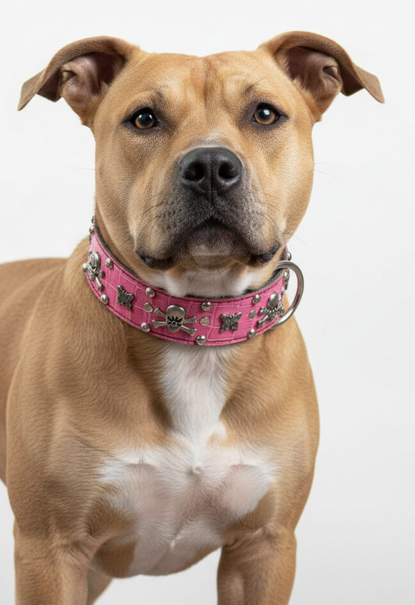 Pink Skull & Crossbones Leather Dog Collar