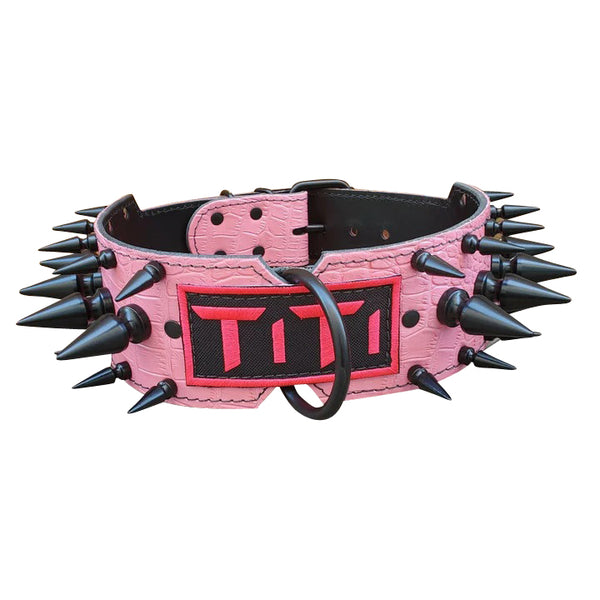  Pink Spiked Leather Dog Collar with Name Patch And Extreme Spikes
