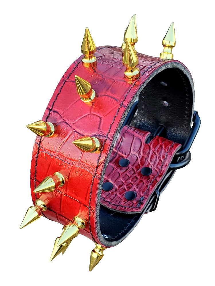 Red Croc Leather Gold Spiked Dog Collar