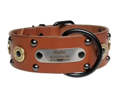 Brown Leather Personalized Dog Collar With Shotgun shells
