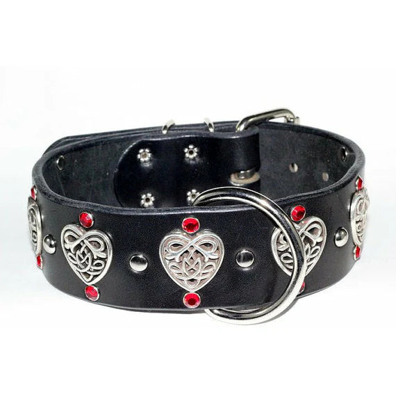 2" Black Leather Dog Collar w/ Celtic Hearts - fits 18" to 22"