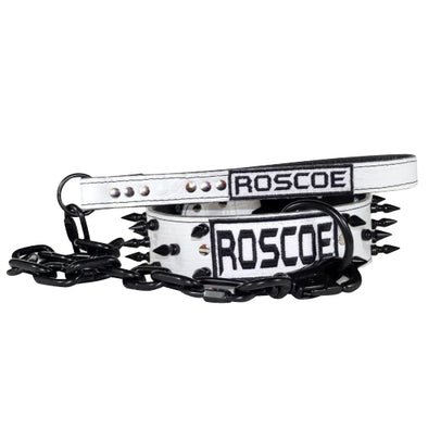 white name collar and leash with black spikes