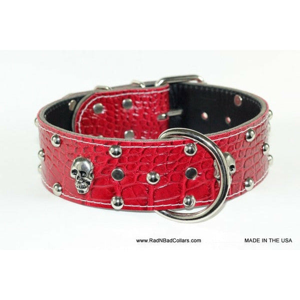 Skull Red Stud Handcrafted Leather Dog Collar - Made In The USA leather dog collar - leather pitbull dog collar - Handcrafted leather skull dog collar - Studded leather bully dog collar - doberman leather red collar - doberman leather dog collar with skulls and studs 