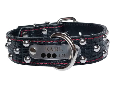 Black Croc Leather Name Collar With Studs