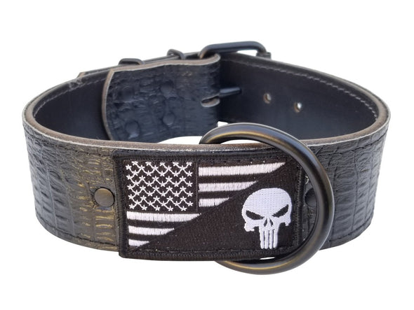 2" Black Embossed leather punisher collar