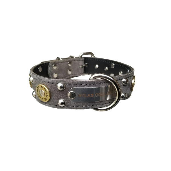 custom name dog collar made with grey suede, personalized grey leather name dog collar