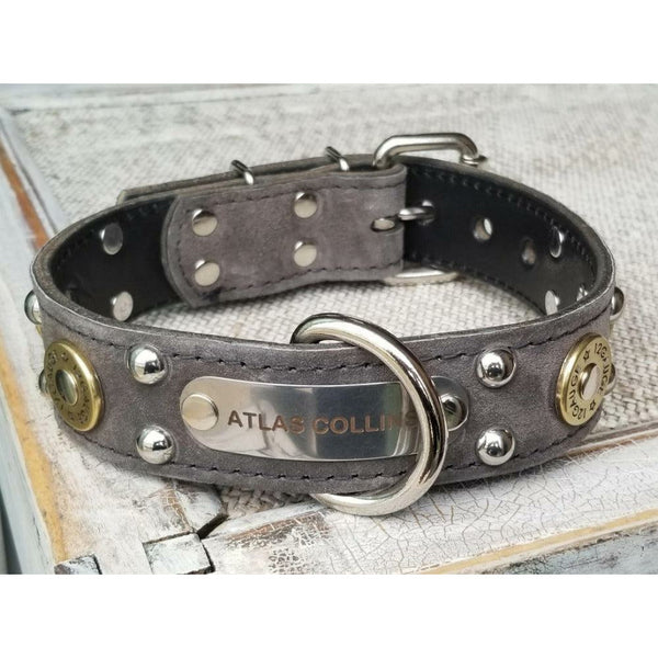 shotgun shell leather dog collar - personalized grey leather dog collar - doberman grey leather dog collar - leather name dog collar