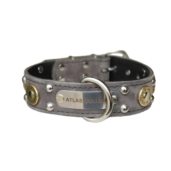 shotgun shell leather dog collar - 1.5" Grey suede name plate dog collar with Shotgun shells and round studs
