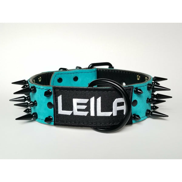 black spiked name dog collar, bully spiked leather dog collar