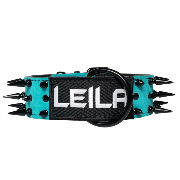 large spiked teal leather dog collar