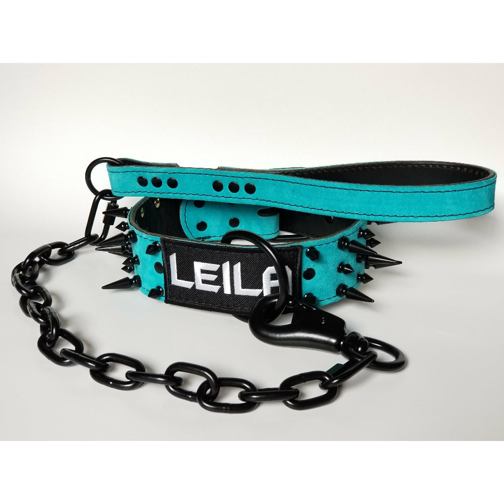 Turquoise Suede Personalized Dog Collar With Matching Leash Rad N Bad Collars