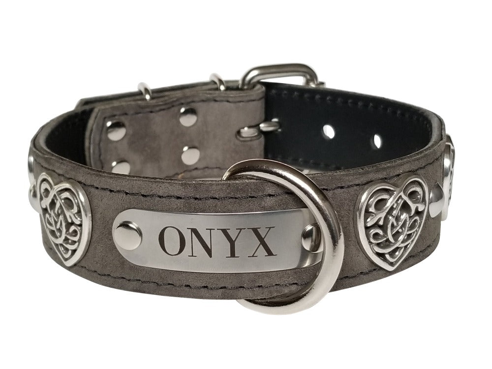 Grey Suede Leather Name Dog Collar With Hearts