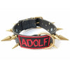 black leather dog collar with gold spikes, leather collar with name, bully leather collar