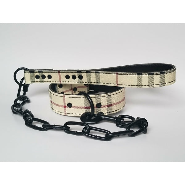 classic plaid dog collar with leash, matching leather collar and chain leash powder coated chain. 
