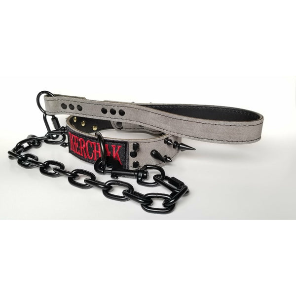 grey suede name collar and leash
