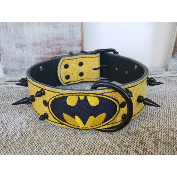batman collar. batman spiked yellow leather dog collar, leather spike batman dog collar 