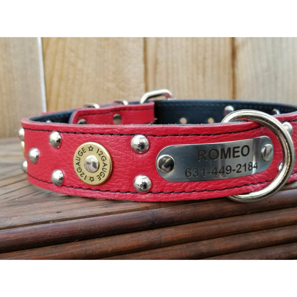 Red italian leather dog collar, name plate id dog collar