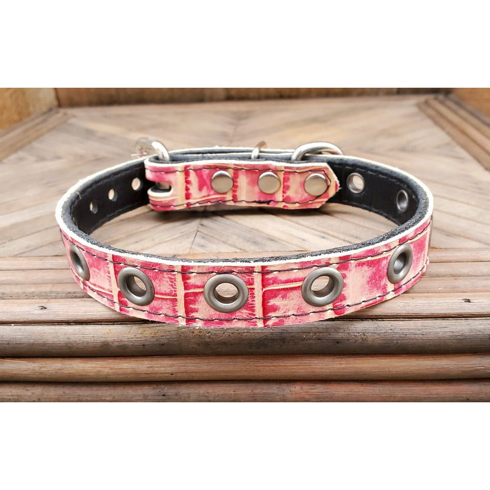 Pink Distressed looking Leather Dog Collar - READY TO SHIP - FITS 12" TO 15" NECKS