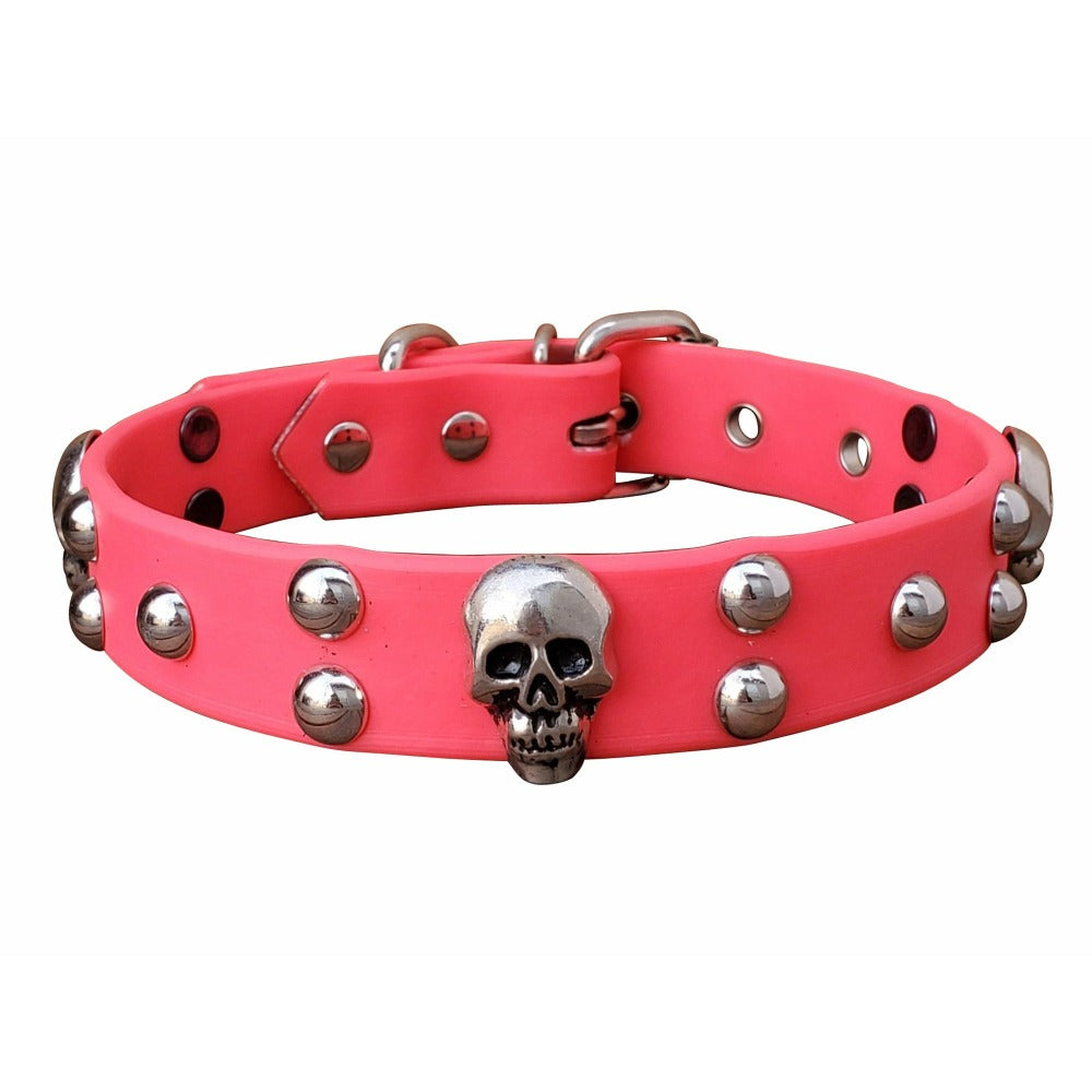 Pink Studded Skull Dog Collar
